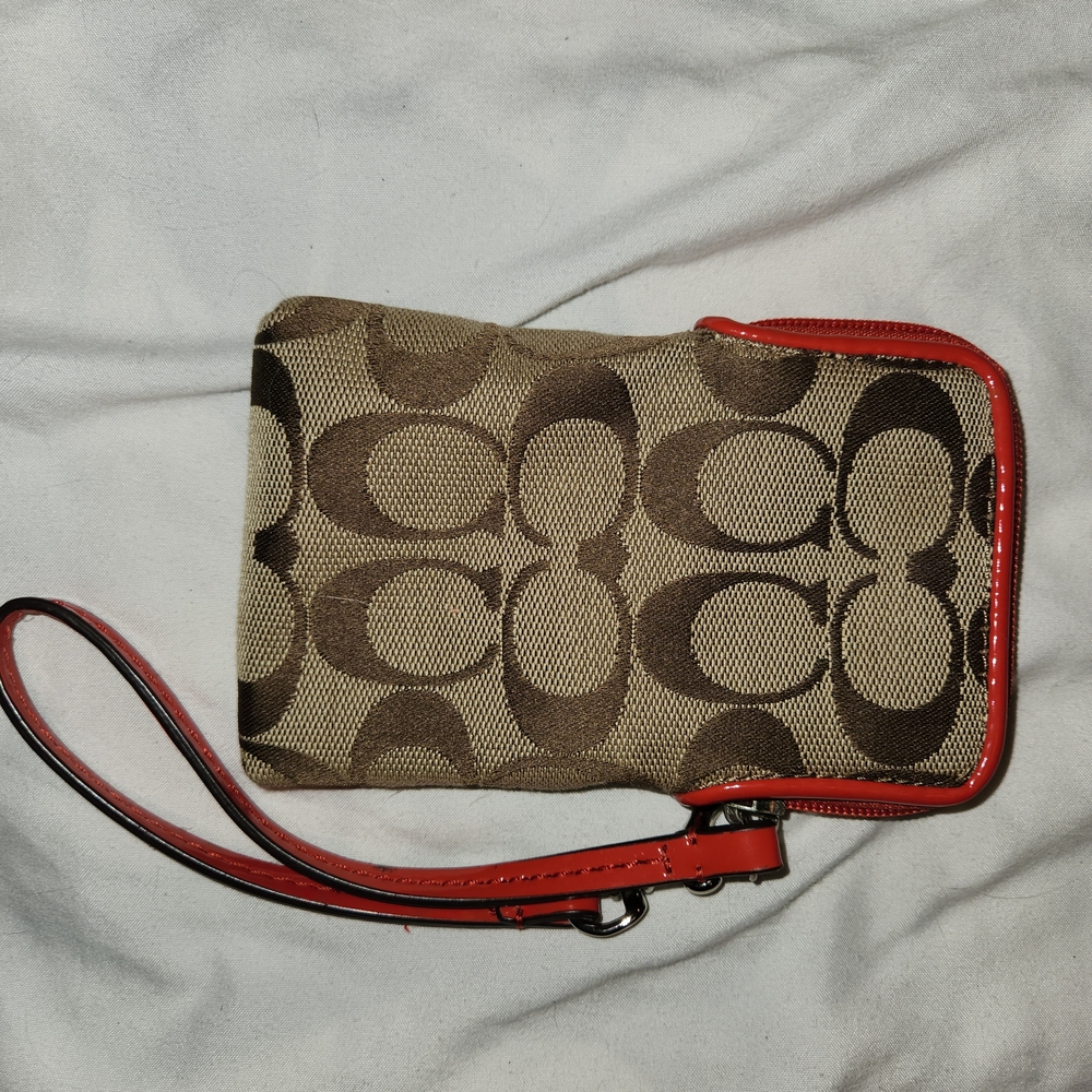 Coach Cream and Brown Signature Wristlet